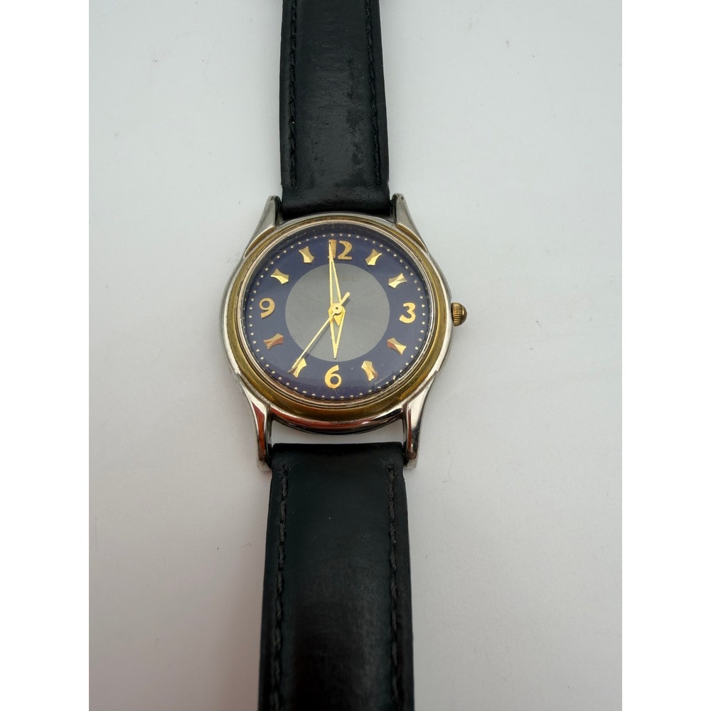 Fossil TM-6257 VTG Watch Purple Dial Gold Silver Two Tone Black Leather Strap